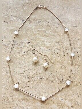 ✨️Vintage 80s 925 Sterling Liquid Silver Pearl Station Necklace Earrings Set✨